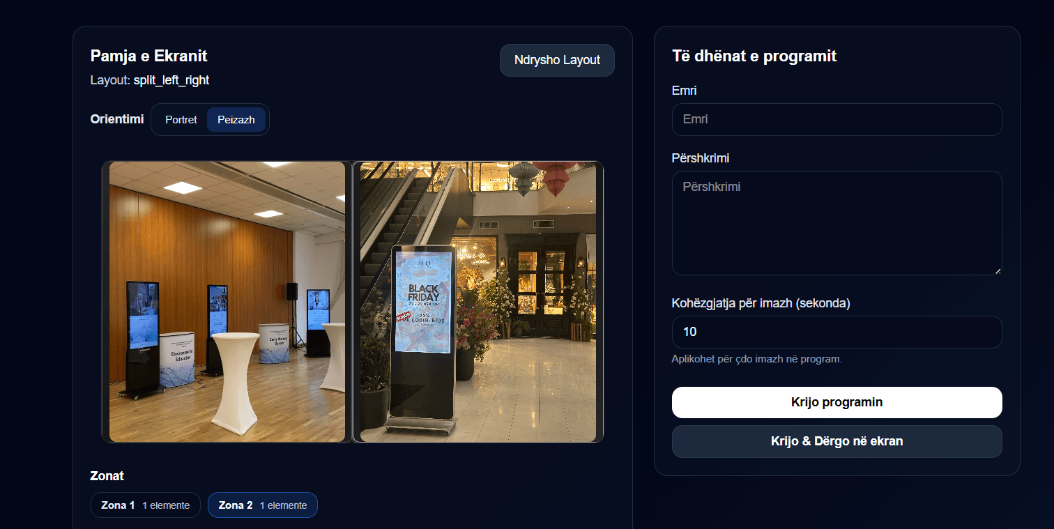 Pamje e ndërtimit të programit në Infoscreen CMS